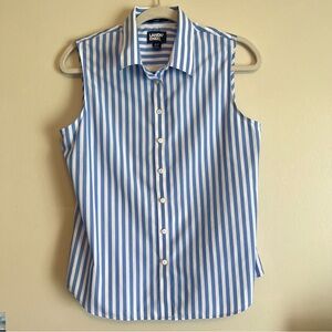Lands' End Women’s Blue & White Stripe Collared Button-Up Sleeveless Top